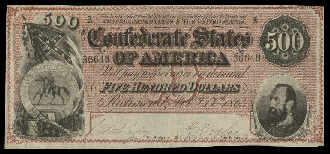 CSA. T-64. $500. Feb. 17, 1864. Cr. 489B. PF-3. No.36648. A. Stonewall Jackson. Dark red. VF. N...