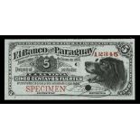 Paraguay. El Banco de Paraguay. 5 Centavos. 1882. S121s. Black on blue. Dog's head. No.12345 an...