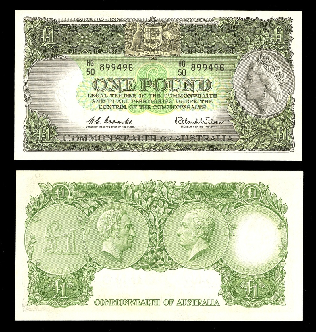 Australia. Commonwealth of Australia. 1 Pound. No date (1961-65). P-34a. Black on green and ye...