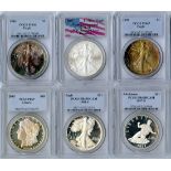 Silver Eagles (4). 1986, MS66. 1988, PCGS PR 69 DCAM. 1992, MS67. 2001 WTC Ground Zero Recovery...