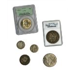 An Assortment of U. S. Silver Coins. Barber Quarters: 1899, 1900-S, 1904-O, 1908-O, 1909-D, 191...