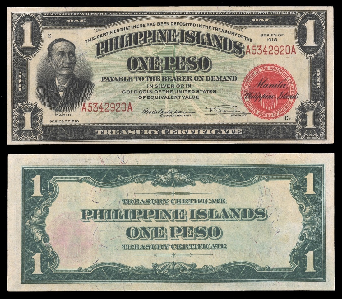 Philippines. Philippine Islands. 1 Peso. 1918. P-60b. No.A53422920A. Red on green. Mabini, left...