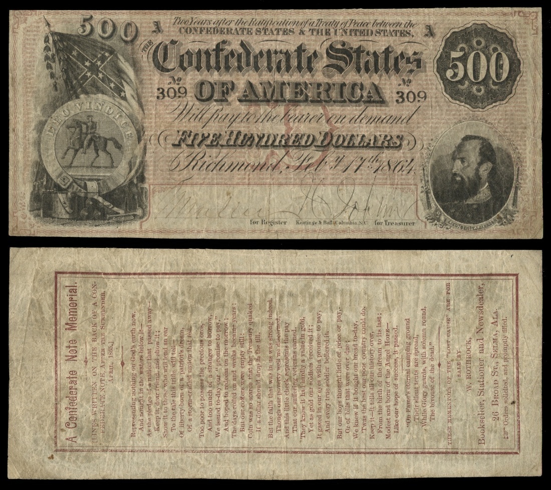 CSA. T-64. $500. Feb. 17, 1864. Cr. 489A. PF-1. No.309. A. Stonewall Jackson. "A CONFEDERATE NO...