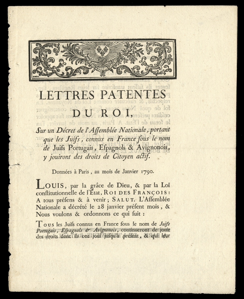 Judaica. 1790, the first document granting Jews equality of citizenship in Europe. "Lettres Pat...