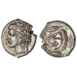 Sicily. Leontini. AR Tetradrachm, ca. 430-425 BC. 17.26 gms. Laureate head of Apollo left, rev....