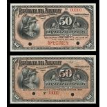 Paraguay. Republica del Paraguay. Pair of 50 Centavos P-105 Varieties. Black on orange. Minerva...