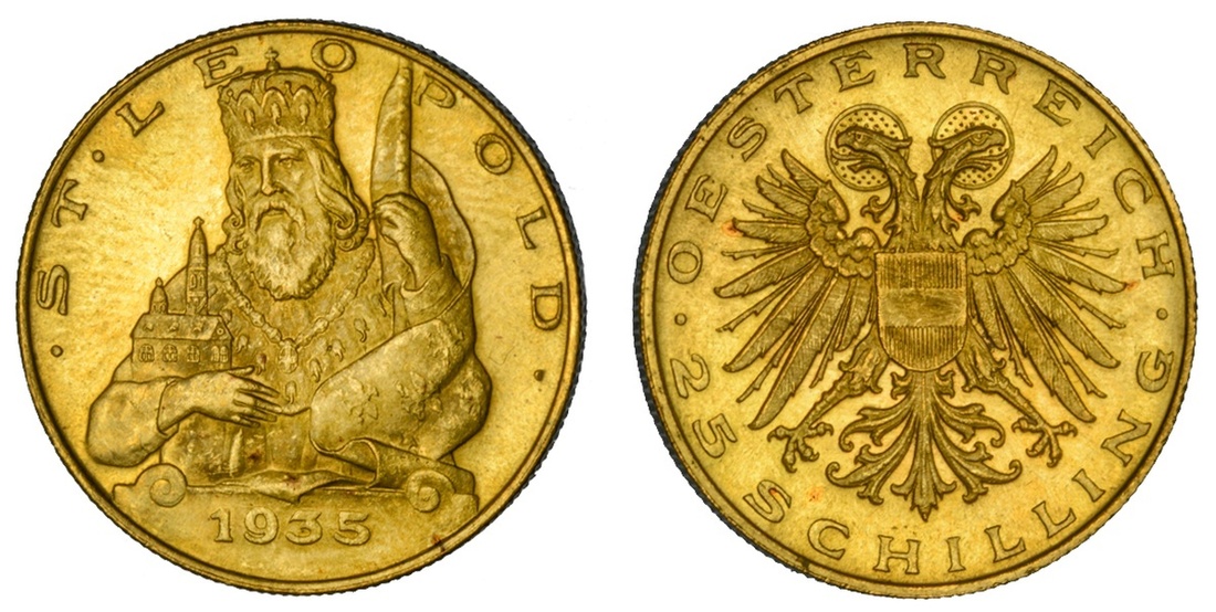 Austria. Republik. 25 Schilling, 1935. Half figure of St. Leopold facing ¾ left, holding model...