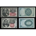 Fifth Issue Fractional Currency Grouping. Fr.1265 AU; Fr.1308 CU(2), one with a light stain on...