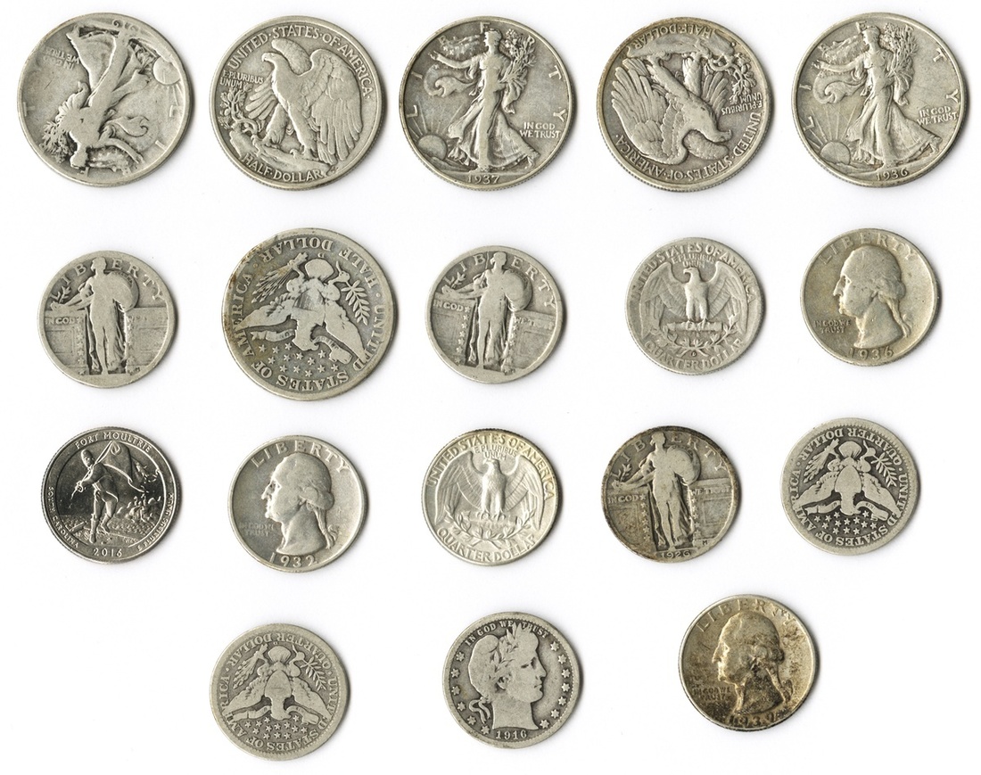U.S. Silver Coin Assortment. $5.50 face value in quarters and half dollars, average circulated,...