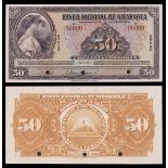 Nicaragua. Banco Nacional de Nicaragua. 50 Cordobas. 1945. P-96s2. Purple on multicolor. Two wo...
