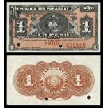 Paraguay. Republica del Paraguay. 1 Peso. 1907. P-116s. Black on orange. Woman In straw hat wit...