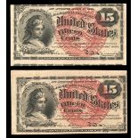 Fourth Issue 15 Cents Fractional Currency Pair. Both Uncirculated. Some light teller handling i...