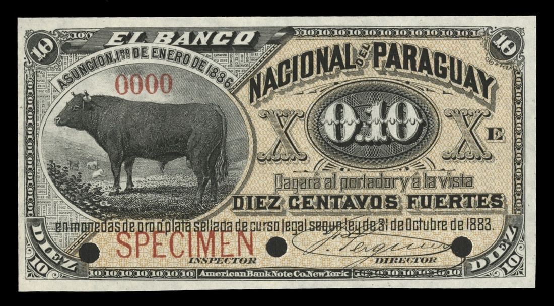 Paraguay. El Banco de Paraguay. 10 Centavos. 1886. S142s. Black on orange. Bull. No.00000 and S...