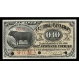 Paraguay. El Banco de Paraguay. 10 Centavos. 1886. S142s. Black on orange. Bull. No.00000 and S...