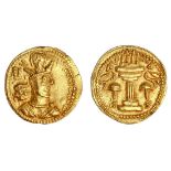 Sassanian Empire. Shahpur II (309-379). AV Dinara. Kabul mint. 5.35 gms. Bust right wearing mur...