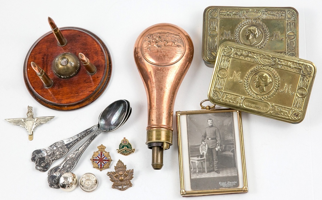 Group of British Militaria. Princess Mary's Sailors and Soldiers Christmas Fund 1914 Gift Tins...