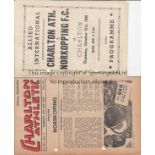 CHARLTON Two programmes from the friendly against Norkopping FC from Sweden 31st October 1946 -