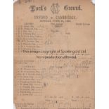 CRICKET / OXFORD V CAMBRIDGE 1885 Scorecard for the match at Lord's Cricket Ground 29/6/1885 with