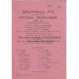 SOUTHALL 1929-30 Four page Southall home programme v Finchley, 1/3/1930, Athenian League. Slight