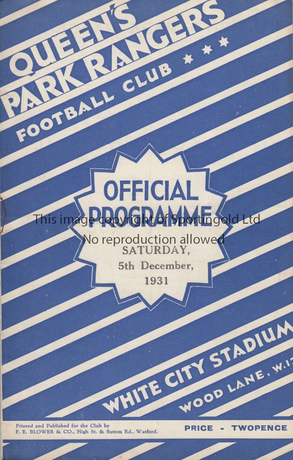 1931/32 QPR v SOUTHEND UTD Official programme for the Third Division South fixture played 5 December