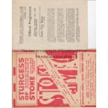 STOKE CITY Two Stoke City home programmes v Sheffield Wednesday 6th October 1945 (4 Page) and v