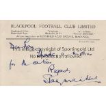 STAN MATTHEWS AUTOGRAPH An official Blackpool FC postcard signed by Matthews. Good