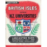 BRITISH LIONS 1959 RUGBY Official programme New Zealand Universities v British Isles, 1/7/59 at