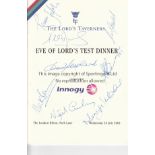 CRICKET AUTOGRAPHS Signed menu for the Eve of Lord's Test Dinner at the London Hilton, Park Lane