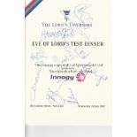 CRICKET AUTOGRAPHS Signed menu for the Eve of Lord's Test Dinner at the London Hilton, Park Lane