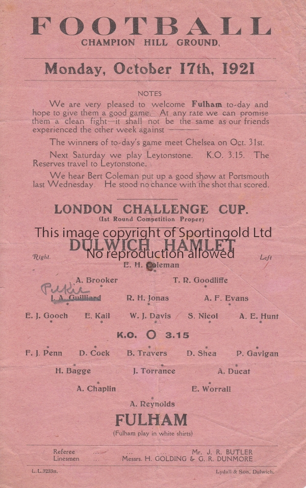 DULWICH HAMLET - FULHAM 1921 Single sheet Dulwich Hamlet home programme v Fulham, 17/10/1921, London