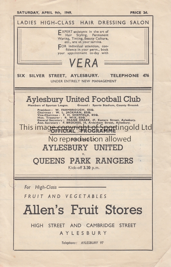 AYLESBURY - QPR 49 Aylesbury United home programme v QPR, 9/4/49, friendly, slight fold, punch-holes