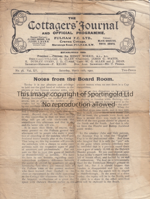 AMATEUR CUP SEMI-FINAL 1922 - FULHAM Four page Fulham programme for the Amateur Cup Semi-Final,