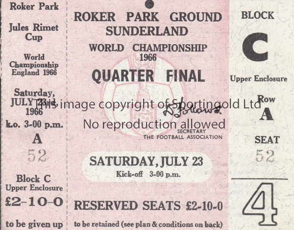 WORLD CUP 66 - SUNDERLAND Scarce match ticket for World Cup 66 Quarter Final match at Roker Park,