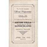 1913 FA CUP FINAL Official programme, 1913 FA Cup Final, Aston Villa v Sunderland at the Crystal