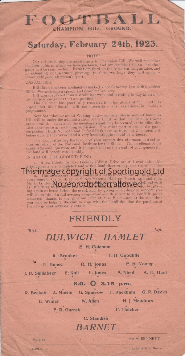 DULWICH HAMLET - BARNET 1923 Single sheet Dulwich Hamlet home programme v Barnet, 24/2/1923,