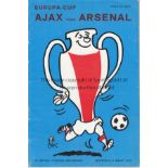 ARSENAL AUTOGRAPHS 1972 Programme for the away European Cup Quarter-Final v. Ajax 8/3/1972 signed on