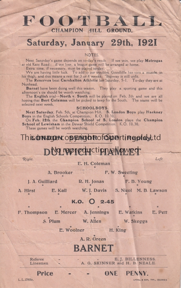 DULWICH HAMLET - BARNET 1921 Single sheet Dulwich Hamlet home programme v Barnet, 29/1/1921 , London