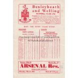 ARSENAL Programme for the away Reserve team Friendly v. Bexleyheath and Welling 30/3/1959. Score