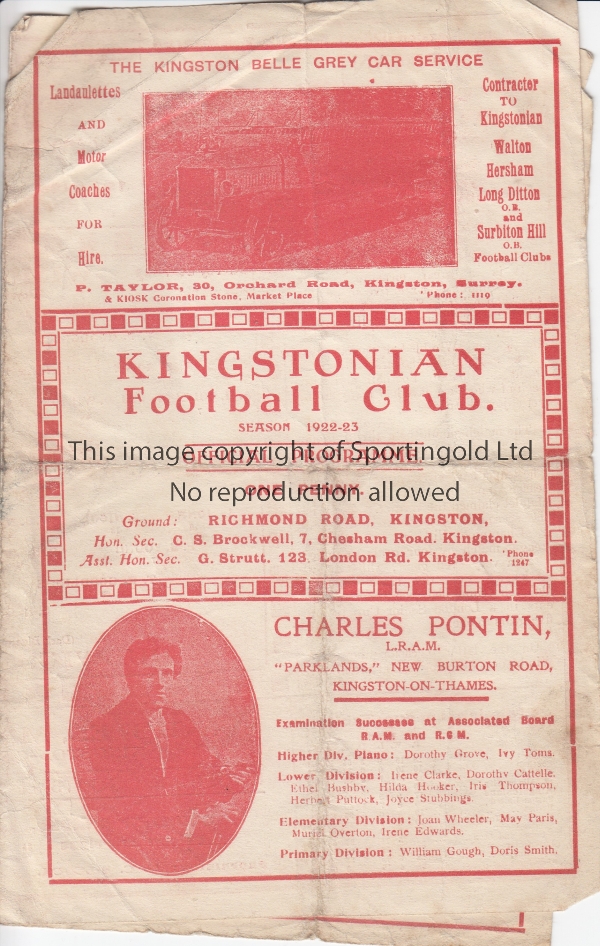 SURREY SENIOR CUP FINAL 1923 - KINGSTONIAN Four page Kingstonian programme issued for the Surrey