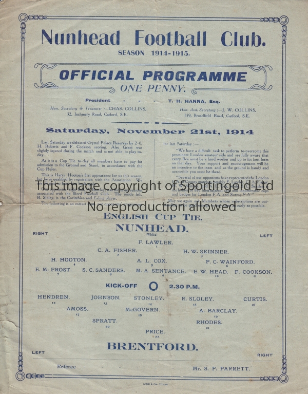 NUNHEAD - BRENTFORD 1914 CUP Single sheet Nunhead programme v Brentford, 21/11/1914, FA Cup,