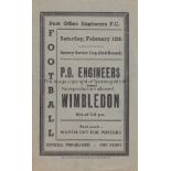 P.O.ENGINEERS - WIMBLEDON 1938 Four page programme, Post Office Engineers FC v Wimbledon, 12/2/1938,