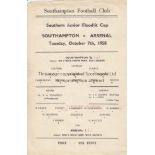 SOUTHAMPTON V. ARSENAL 1958 SJFC Single sheet programme for the Southern Junior Floodlight Cup at