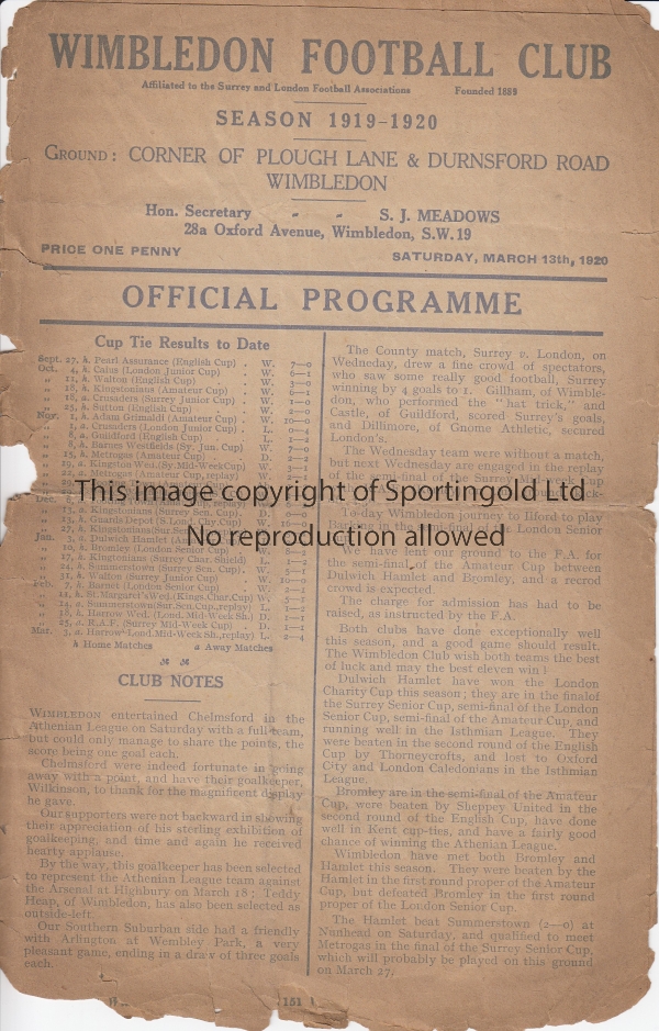 AMATEUR CUP SEMI-FINAL 1920 - WIMBLEDON Four page Wimbledon programme for Amateur Cup Semi-Final,