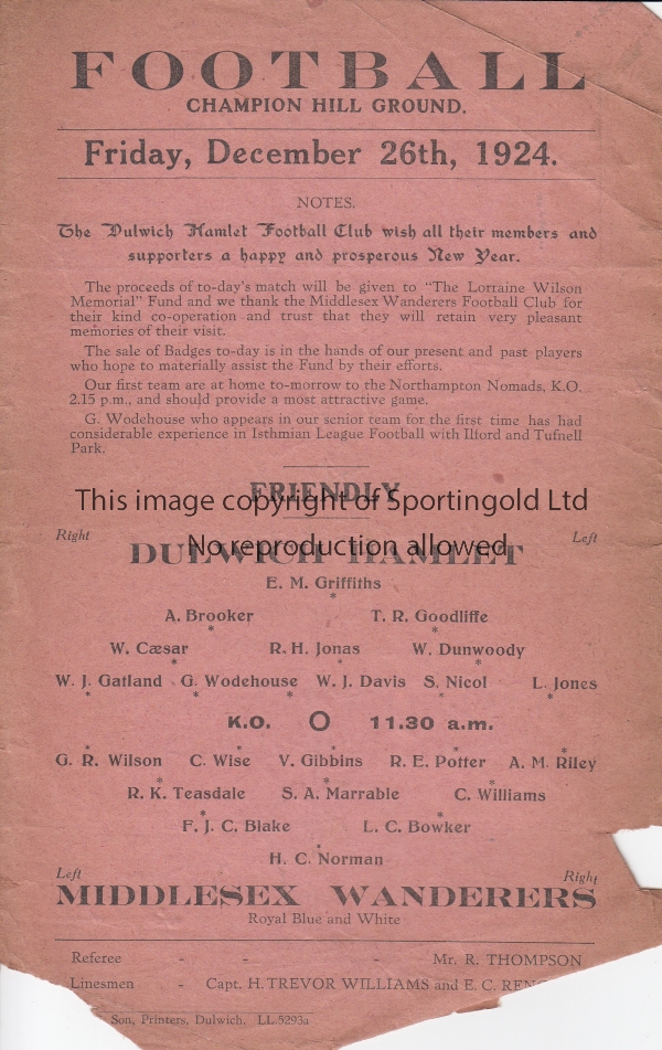 DULWICH HAMLET - MIDDLESEX WANDERERS 1924 Single sheet Dulwich Hamlet home programme v Middlesex