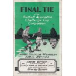 FA CUP FINAL 1933 Programme FA Cup Final Everton v Manchester City at Wembley 29th April 1933.