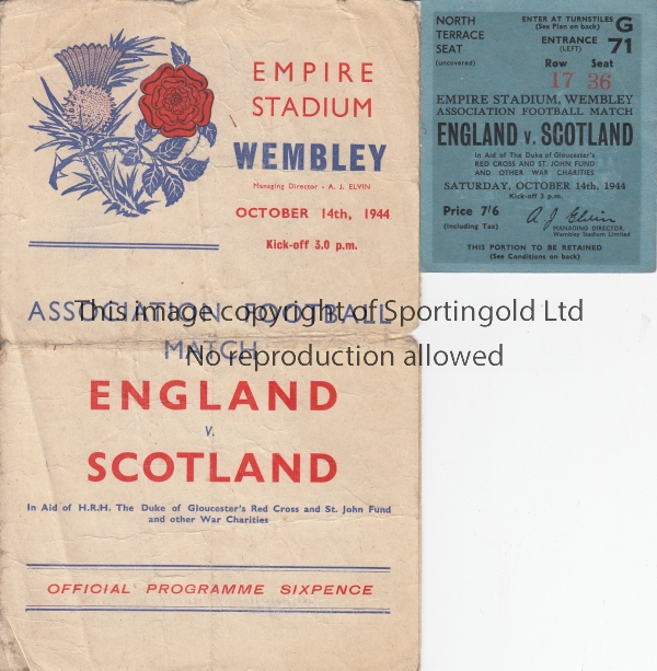 ENGLAND - SCOTLAND 1944 Official programme and match ticket, England v Scotland , 14/10/44 at
