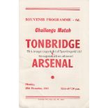 ARSENAL Programme for the away first team friendly v. Tonbridge 25/11/1963. Good