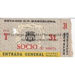 1958 INTER-CITIES FAIRS CUP FINAL Barcelona v London X1. Scarce original match ticket with stub