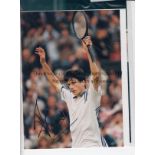 TENNIS SIGNED PHOTOS Three signed 10" x 8" action photographs of Tim Henman, Michael Chang and