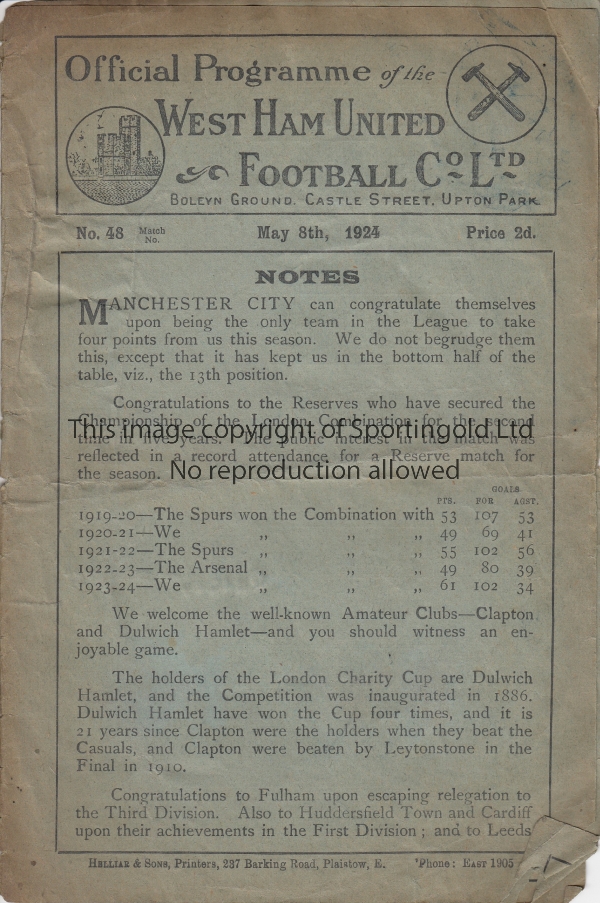 WEST HAM - LONDON CHARITY CUP FINAL 1924 West Ham United official programme, Clapton v Dulwich